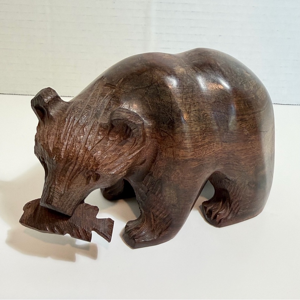 Hand-Carved Wooden Bear Sculpture in Dark Brown